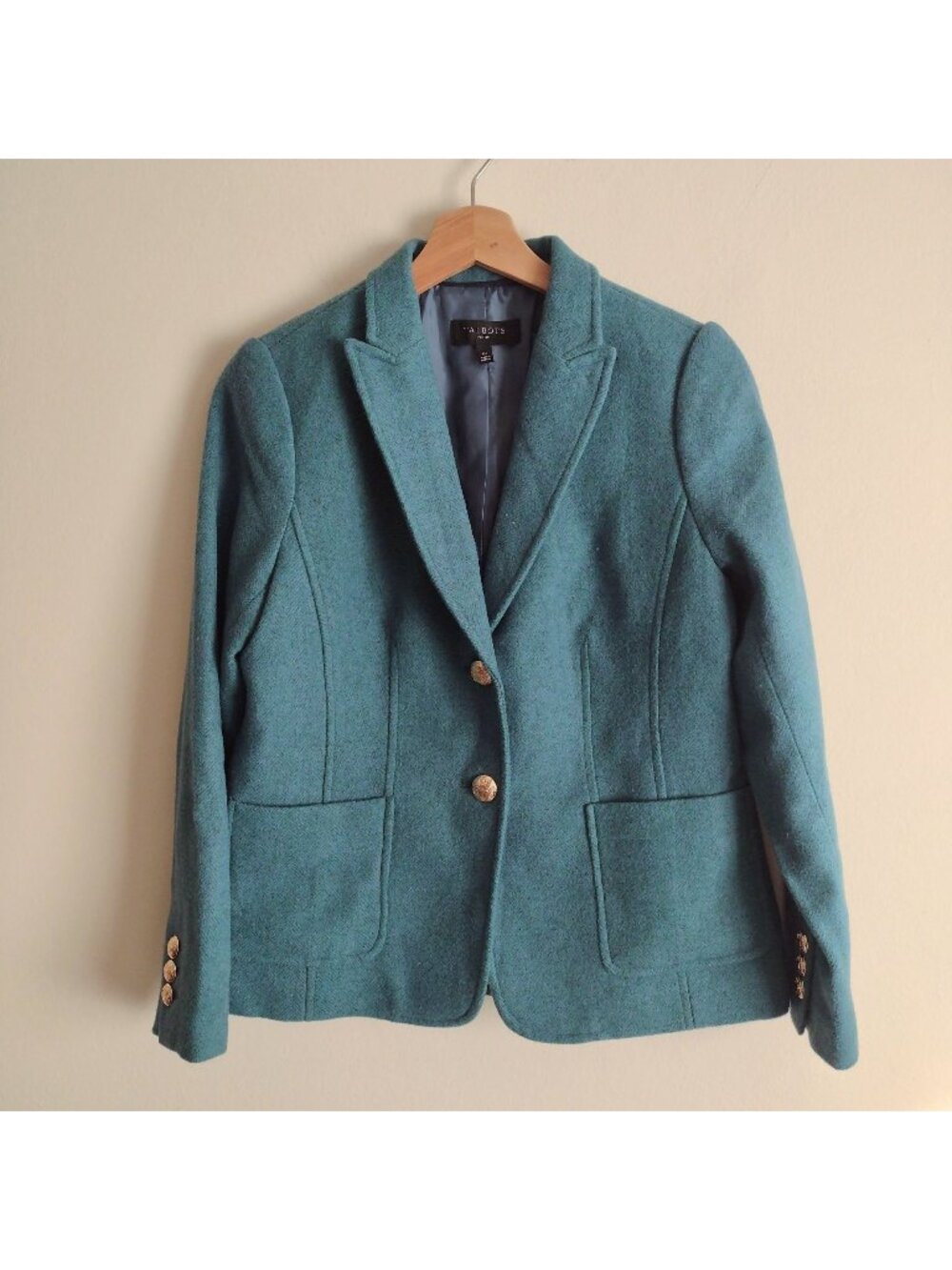 Talbots Wool Blend Teal Blazer 6P Petite 6 Gold Tone Button Business Jacket